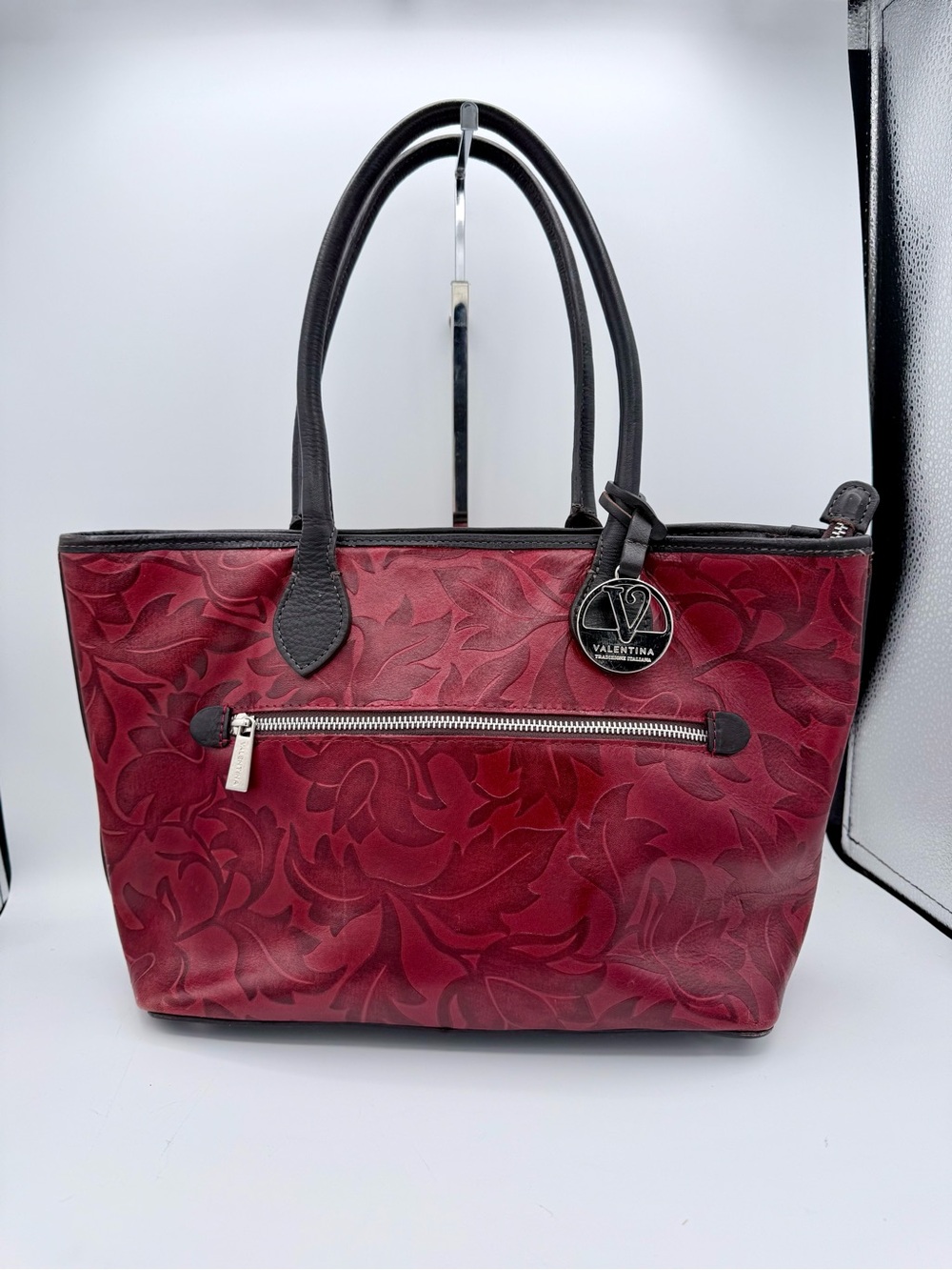 Valentina Tradizione Italiana Genuine Leather Embossed Floral‎ Tote Burgundy